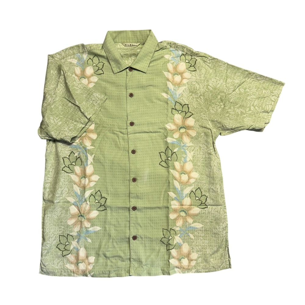 Tommy Bahama Mens Large Silk Sage Green Floral Panel Print Camp Shirt